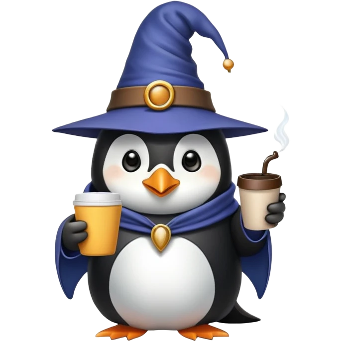 Penguin wizard drinking coffee while using iPhone emoji