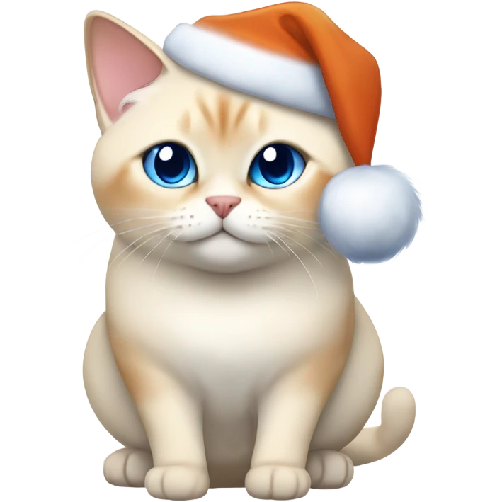 chubby fat, flame point Siamese, short fur, with white fur with orange accents, and blue eyes, smiling, wearing a red santa hat  emoji