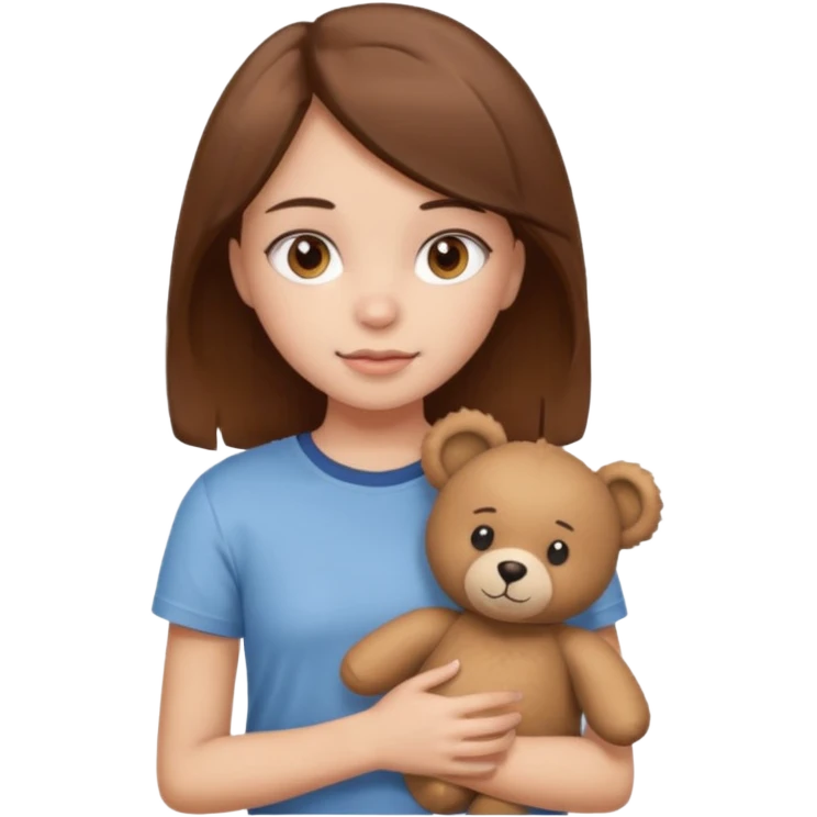A Girl with Brown hair and Brown eyes with a t-shirt of a Teddy bear emoji
