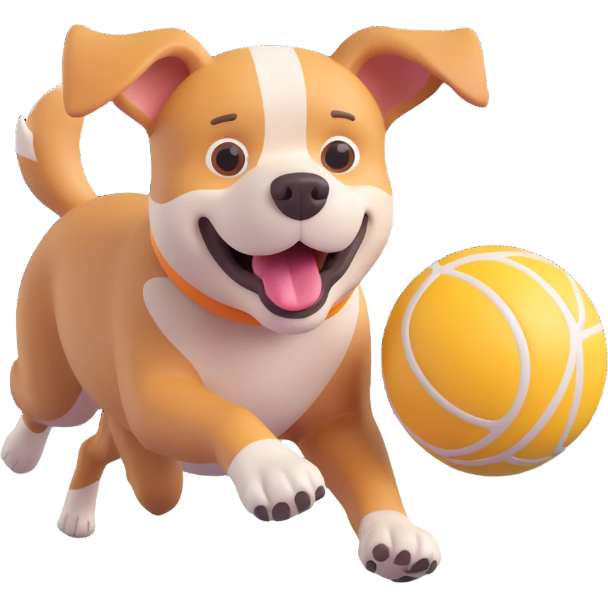 dog chasing ball in forrest, close up pose emoji