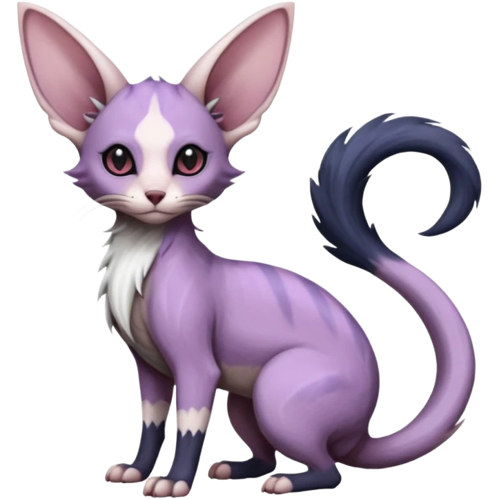 Fluffy, Purple, white, black, Minccino-Sphynx-Lykoi-Linoone-Zangoose-fusion-hybrid-animal-Fakémon-creature, full body, thin long sleek scaly tail, intricate markings emoji
