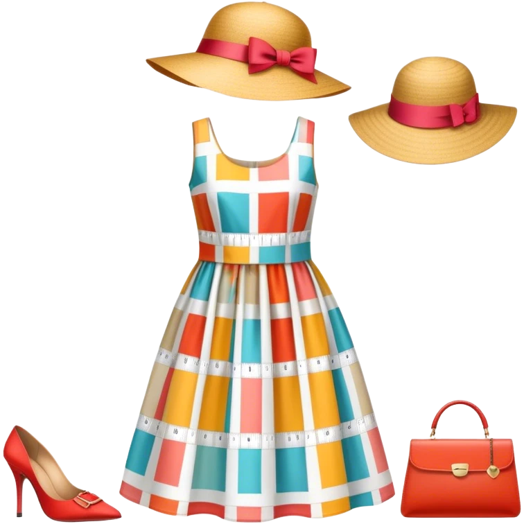 Icon for Fashion Design: a pattern of a bright, beautiful dress with measurements, a ruler, and pencil, along with a hat, shoes, and a handbag. The icon should represent fashion design with attention to detail and style. Transparent background. emoji