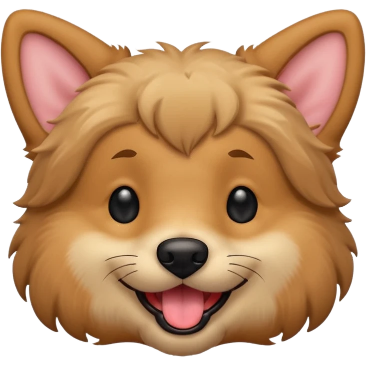 Dog face only, light brown fluffy dog, darker ears, small black nose, happy smiling with tongue out, simple emoji icon. emoji