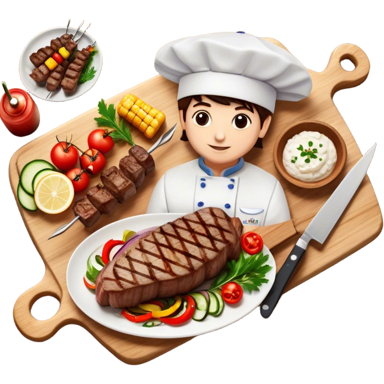 icon featuring cooking: a chef's hat, a cutting board with fresh ingredients, a knife, a plate with a well-plated dish, a beautiful ribeye beef steak, and beautifully arranged shashlik skewers placed across. Bright, detailed design with realistic textures and lighting. Transparent background. emoji