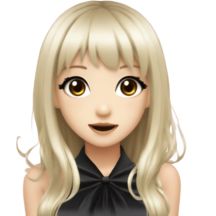 hime gyaru girl with LONG SILKY BLACK HAIR, with black satin halter top with chest, very pale skin and pretty brown monolid eyes emoji