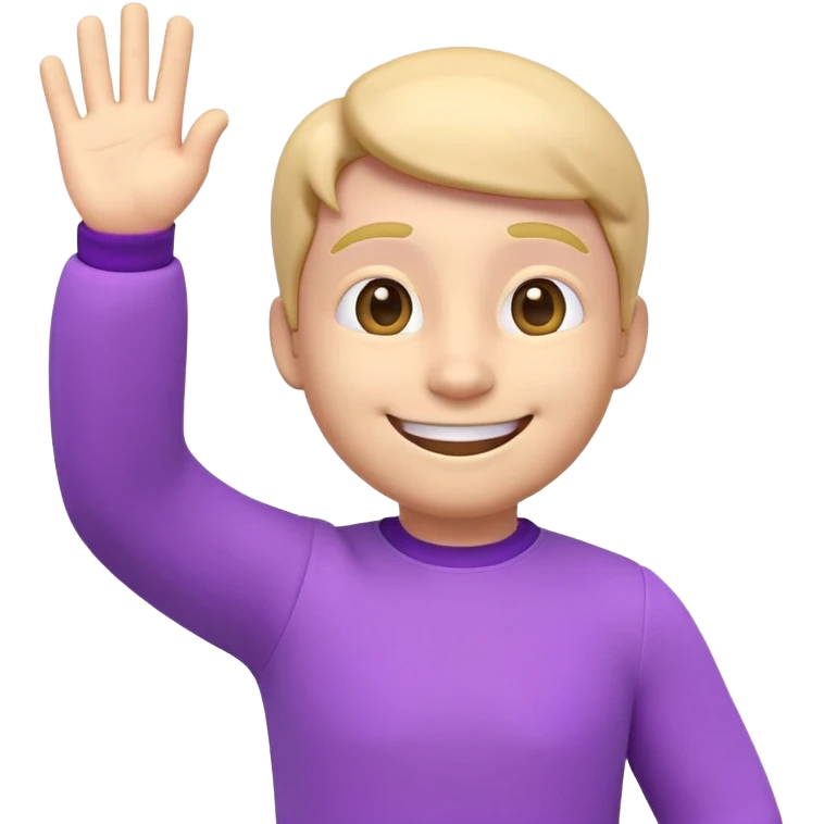 3D emoji of a smiling character waving hand, purple outfit, friendly and soft lighting, minimal background, for welcome message in a chat

 emoji