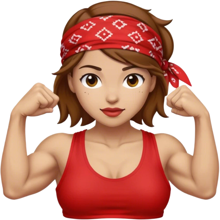 Light skin and brown hair with red bandana Rosie the Riveter shows biceps emoji