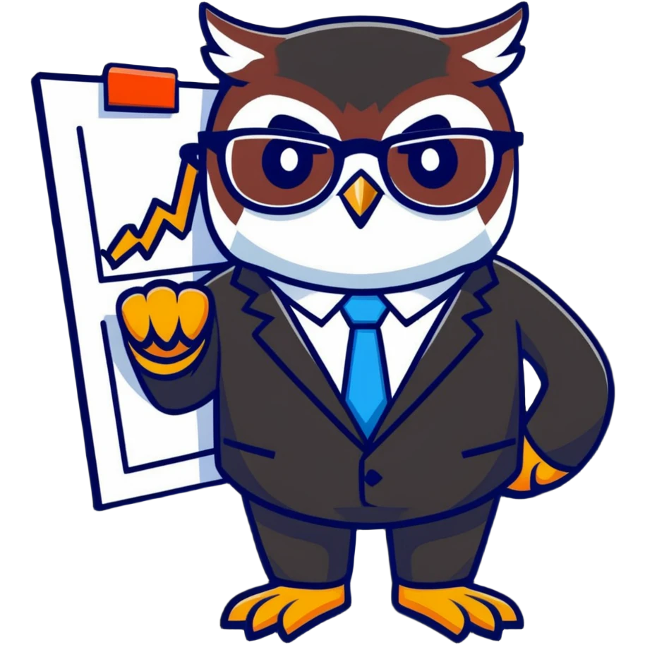 Twilio owl wearing finance outfit with business suit, glasses and stock market chart emoji
