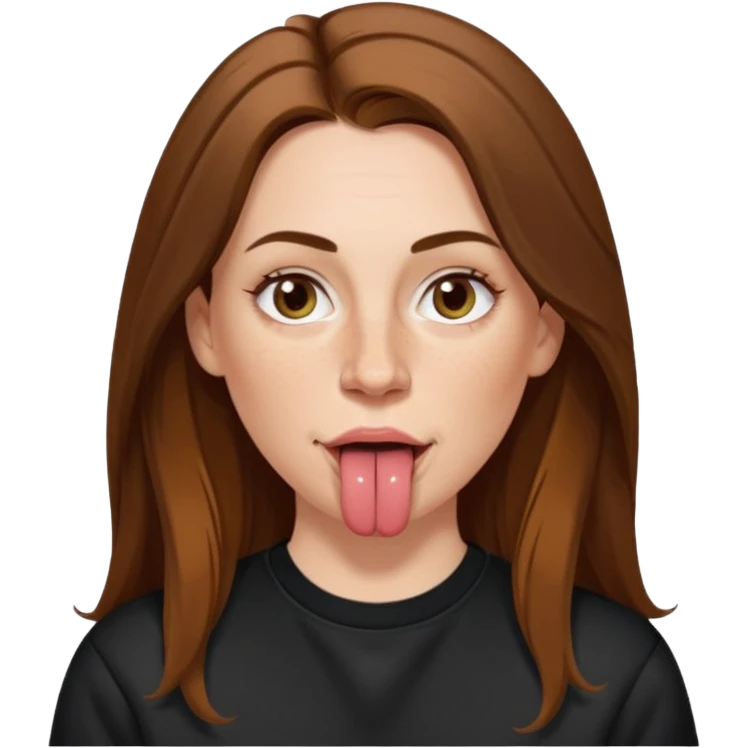 A 38 year old white woman with long brunette hair parted in the middle. She has her nose pierced. Her nose is medium sized. She has brown eyes. She has freckles and is wearing a black sweatshirt and is sticking out her tongue. emoji