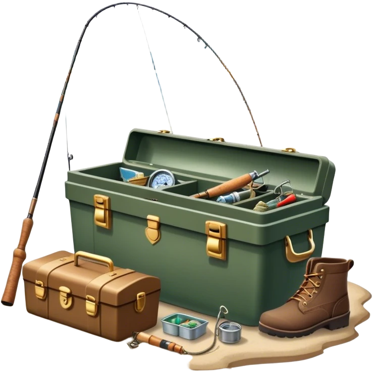 Icon for Fishing: a boat on the shore of a peaceful water body with a beautiful natural landscape, a fishing tackle box, a spinning rod, and boots nearby. The icon should capture the tranquility and gear of a fishing adventure. Without frame. Transparent background. emoji