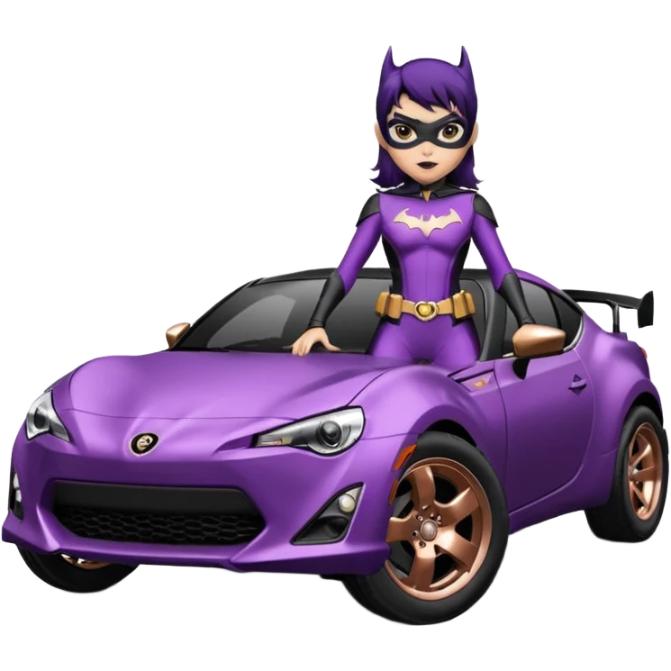 60’s Batgirl themed Satin black and rose gold colored Scion FR-S hot rod off road capable (tight fitting purple suit with black hair on her) emoji
