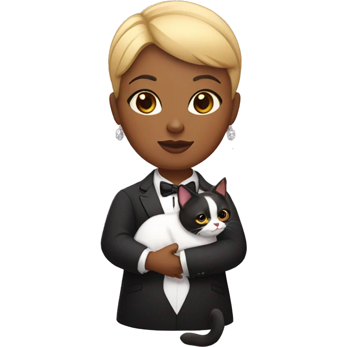 Fat black woman with short blond hair, holding a tuxedo cat in a chihuahua emoji