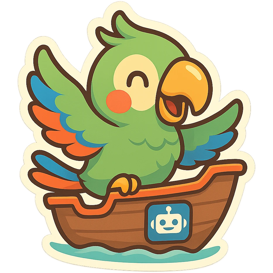 playful parrot mascot inspired by shippit-parrot riding in a small ship, with a visible AI/copilot icon such as a robot face or brain with circuits integrated into the ship's design, bright fun energetic style emoji