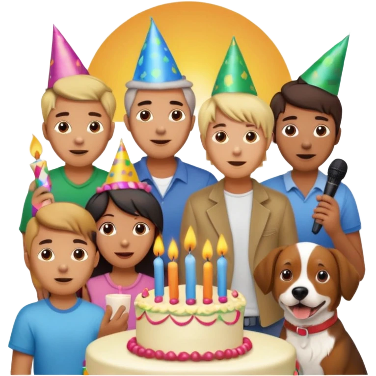 celebration birthday with a dog and watching sunset with many peoples with a birthday cake and mike a wish man peoples at home emoji