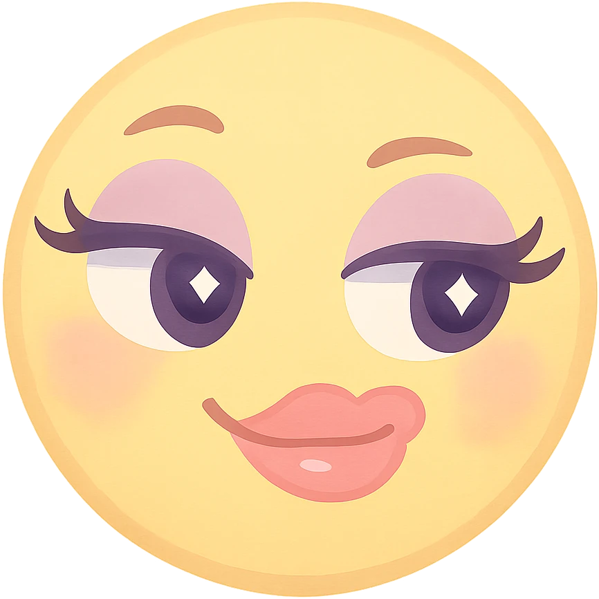 sassy yellow emoji face with long curled eyelashes, thick glossy lips, smirking expression, dramatic eyeshadow, side-eye look, bratty attitude, kawaii style emoji