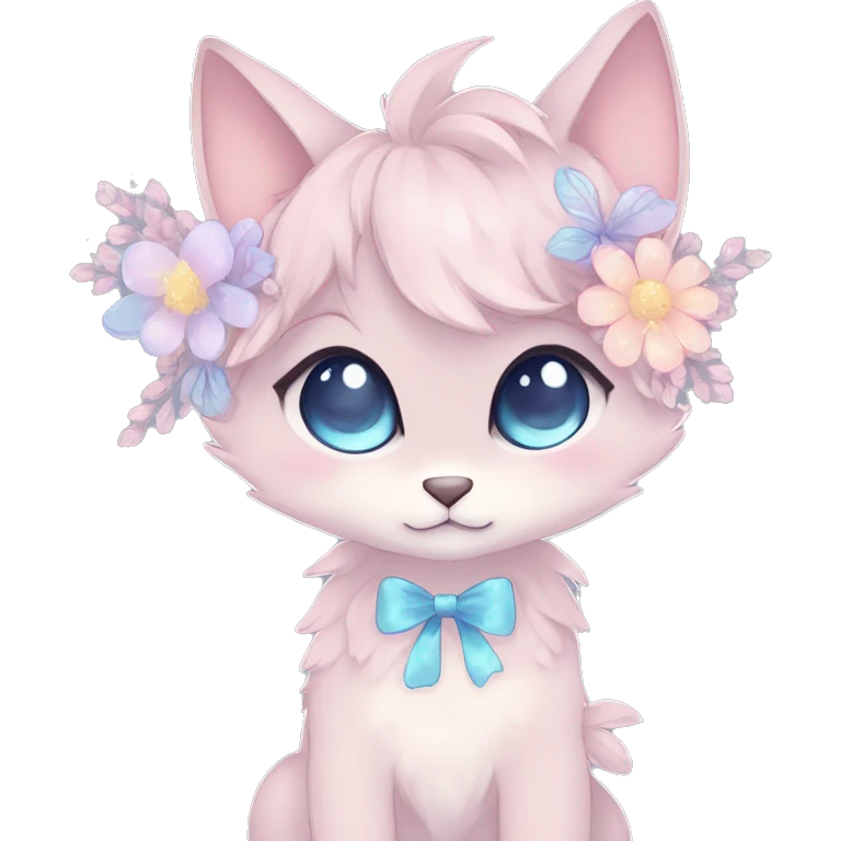 Anthro Cute Cool Blushing Pastel Innocent Shy Kawaii gorgeous sparkly ethereal fantasy anime animal creature with blue eyes furry sona with flowers and ribbons beautiful aesthetic emoji