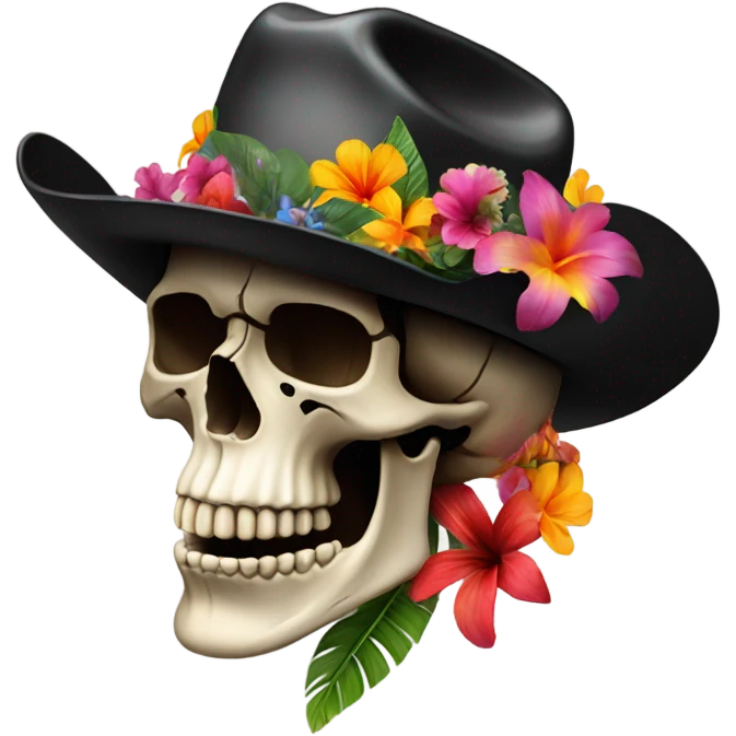 Realistic side view of a skull in a black cowboy hat on decorated with tropical flowers. emoji