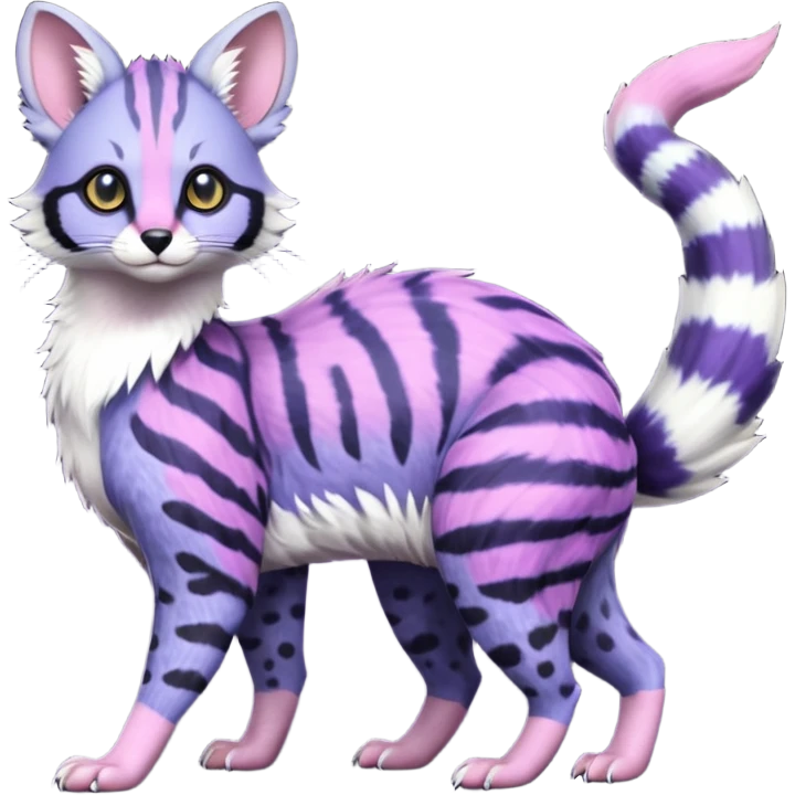 Beautiful fluffy elegant spotted dotted thick puffy hyper-realistic lifelike furry Indigo, purple, violet, pink, Civet-Genet-Possum-Serval-Caracal-Sergal-Trico-Numbat-Furret-fusion-Fakemon-hybrid-creature (full body) with long tufted ears and a striped tufted tail  emoji