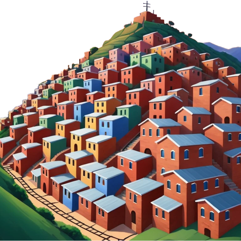 Urban Peruvian hillside neighborhood, brick houses stacked on steep hills, unfinished red brick buildings, colorful painted facades, narrow stairways, electric cables crossing the sky, sunset lighting, realistic style, cinematic, high detail in the desert emoji