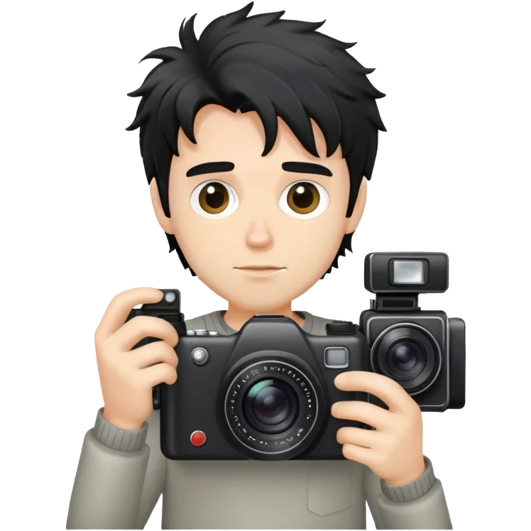 a white man with black messy hair holding a foto camera emoji