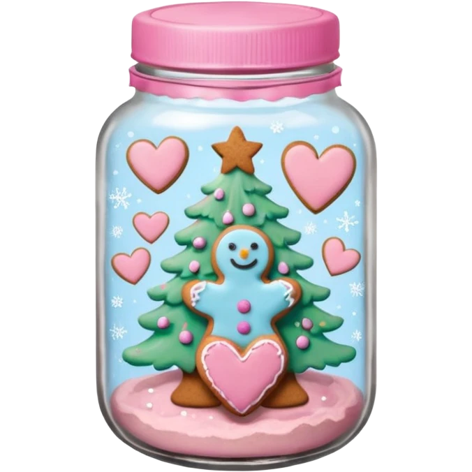 pastel pink christmas cookies in different shapes and one gingerbread man in jar with pink lid  emoji