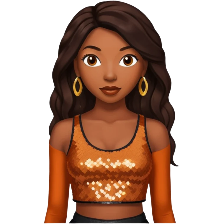 Brandy Norwood with long dark brown hair, sequin burnt orange crop top emoji