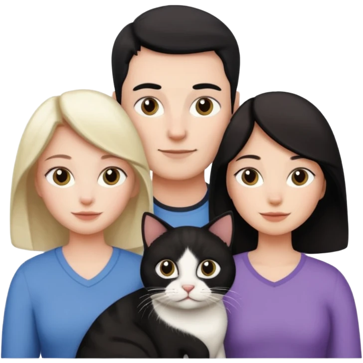 Una familia de 3 mujeres 1 hombre y 1 gato blanco con negro  emoji