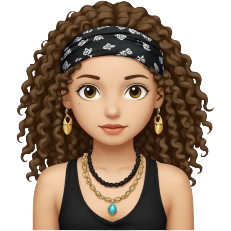 Baddie girl with black  tank top long  curly hairss and bandana and jwellery face only not body emoji