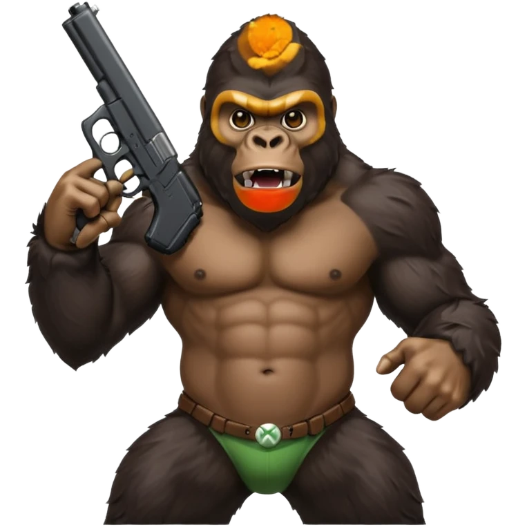 A gorilla holding a gun in the air with a Xbox controller  emoji