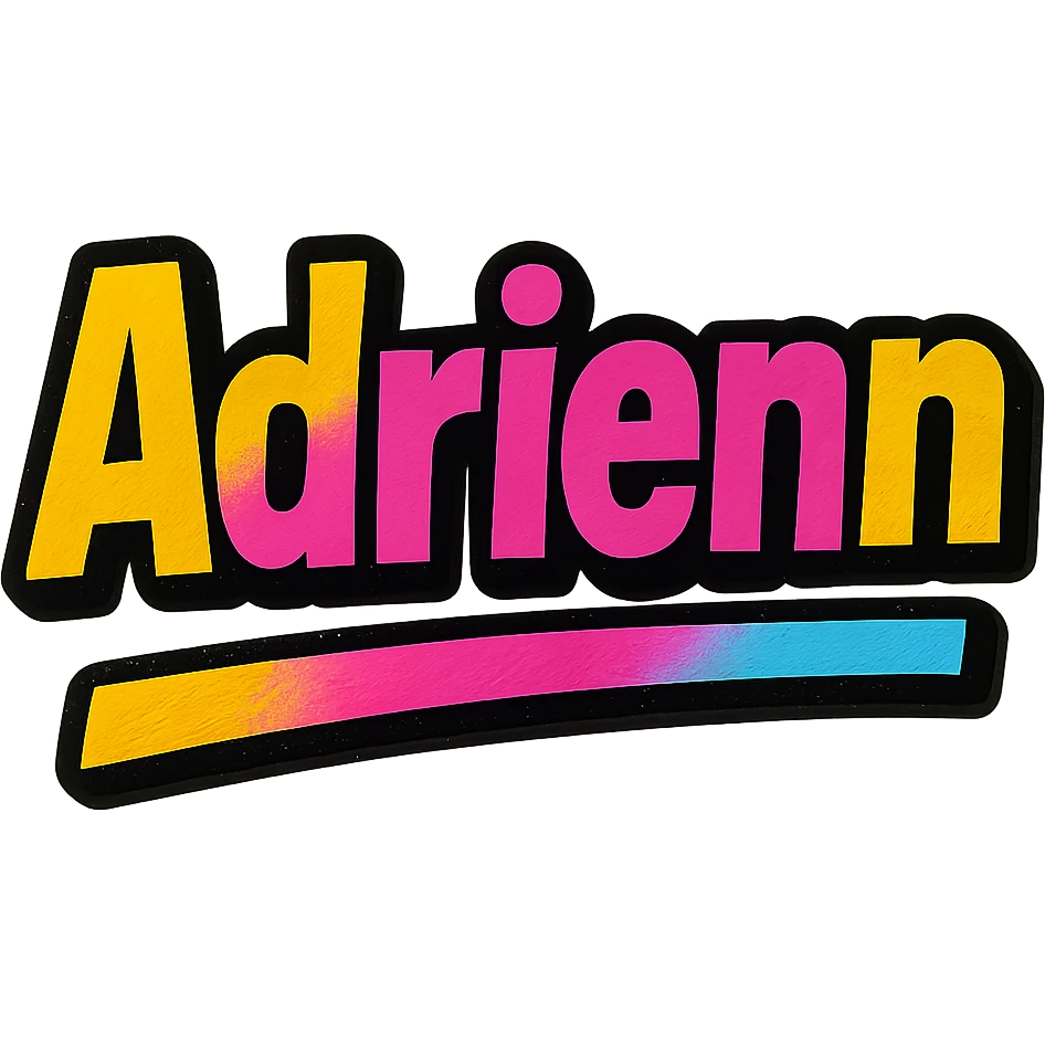 Adrienn name in modern colorful gradient font with dark outline, dynamic slanted or partial underline, transparent background, in the style of reference patterns emoji
