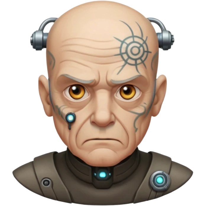 Cyberpunk old man, natural, tattooed, balding, grumpy expression emoji