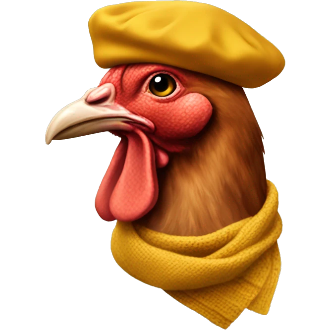 hen profile wearing a mustard scarf and a mustard colored beret emoji
