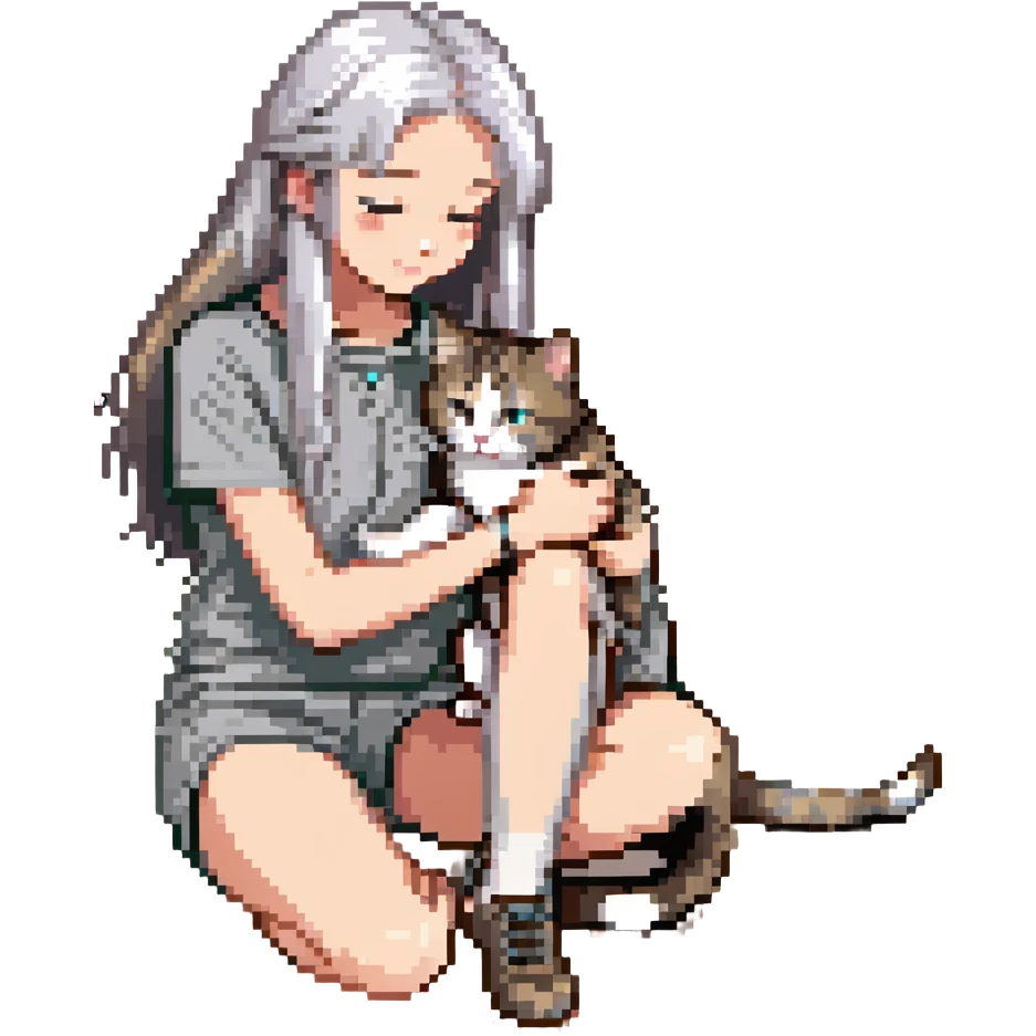 Remix: Beautiful girl with long straight silver hair, inspired by the reference, petting a gray and blonde mixed cat, pixel art style, girl standing, cat rubbing against her leg emoji