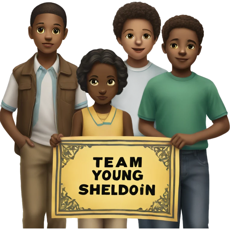 Group of young black children holding a banner that says “Team Young Sheldon” emoji