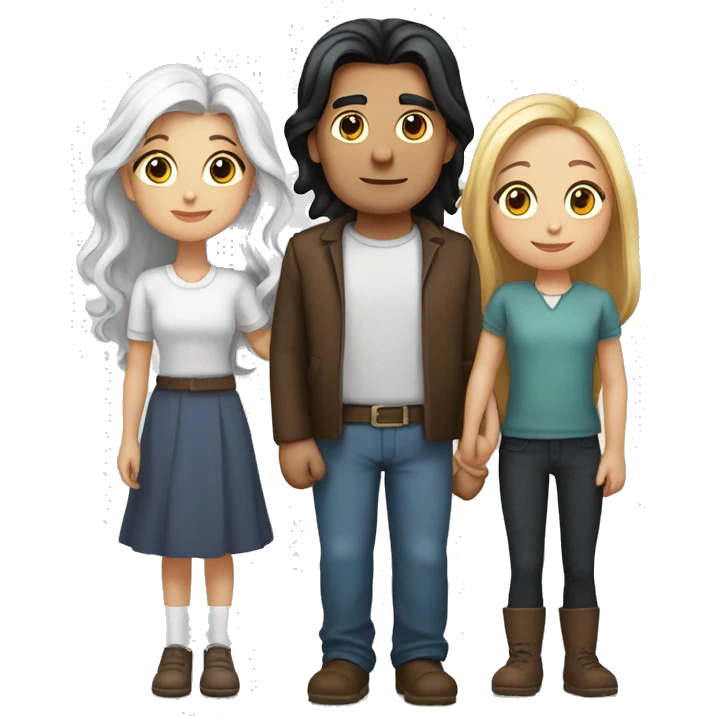  a woman with long brown hair, a man with white hair and a round face, and a young girl with long black hair standing between them, representing a family unit emoji