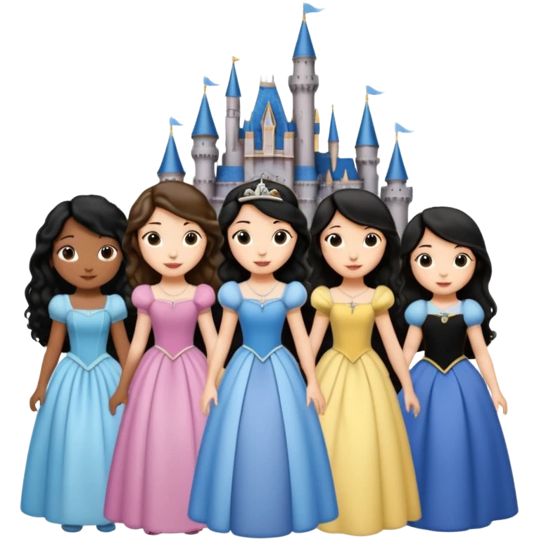 Quiero que crees una imagen donde este el castillo de Disney y por detrás o delante pon a quatro chicas: una con el pelo largo rizado marrón , otra con el pelo muy corto negro, otra con el pelo mediano liso marrón y otra con el pelo negro largo liso emoji