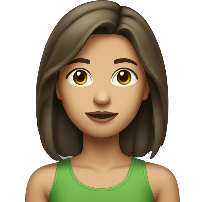 Brunette girl with shoulder length hair with hazel eyes wearing green tanktop emoji