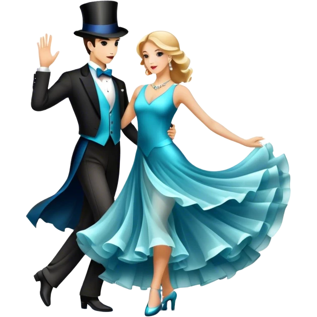 Icon for Ballroom Dancing: a pair of elegant dance shoes, a flowing dress, a top hat, and a dance floor spotlight. The icon should represent the elegance and atmosphere of ballroom dance, focusing on the iconic dance elements. Transparent background. emoji