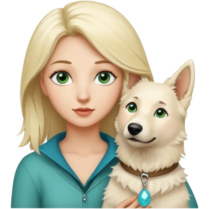 A white blonde Hair Woman with blue Green eyes with a White Shepard with a little bit beige in the fur in a lovely pose  emoji