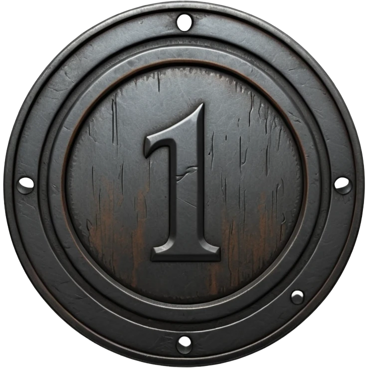 Minimal emoji, gothic metal coin made of black steel, engraved number 1 at the center, ancient industrial aesthetic, worn metal texture, no glow, no neon, flat emoji design, centered, transparent background emoji