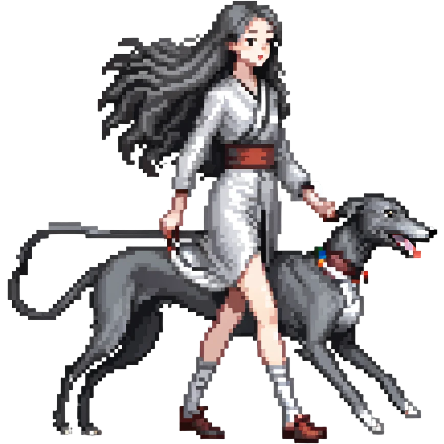 Japanese girl with flowing hair walking a solid grey greyhound with no white markings emoji