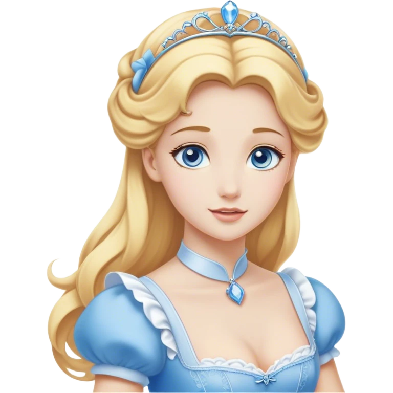 Cinematic Elegant Cinderella Portrait Emoji, Graceful and poised in her classic maid attire, golden locks cascading softly, bright blue eyes full of hope, a gentle glow of kindness and determination, delicate and humble yet undeniably beautiful, evoking the moment before her magical transformation, pure enchantment in her gaze! emoji