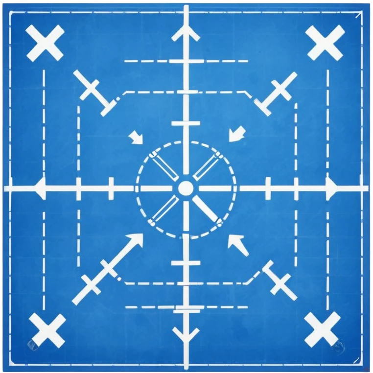 blue blueprint plan with white lines, dotted path, and X mark emoji