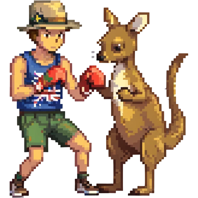 a man in an Australian hat boxing with a kangaroo emoji