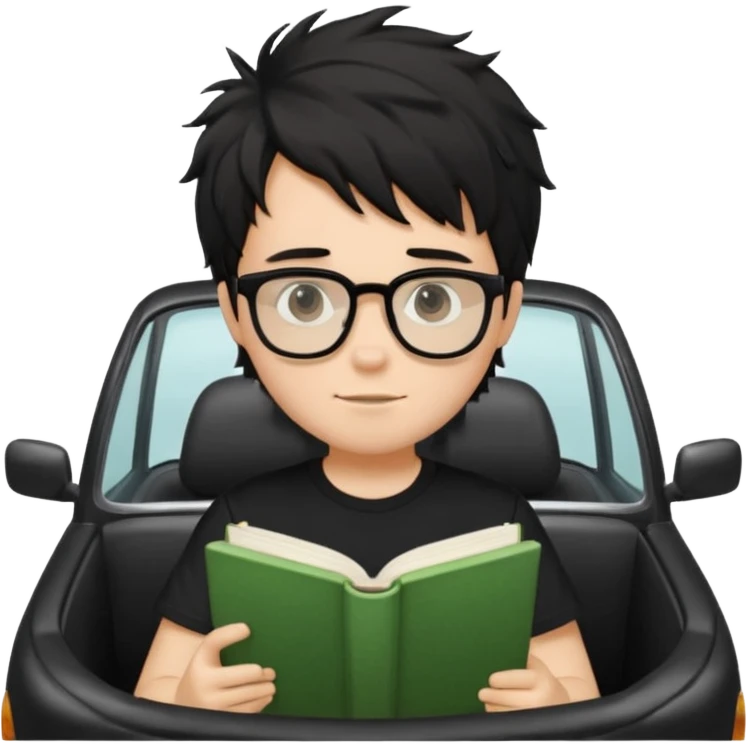 generate a pretty bratz fair skinned boy with black messy hair wearing a black tshirt driving. Glasses on. holding books emoji