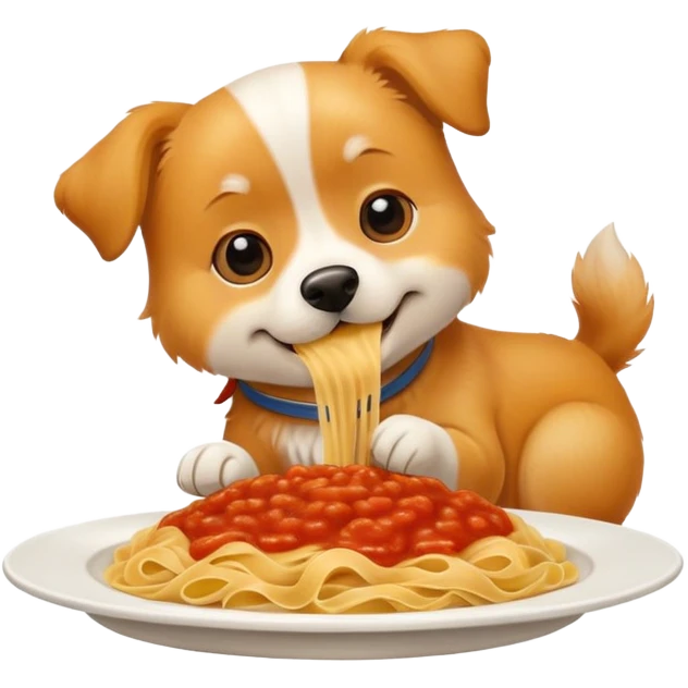 The dog is eating pasta. emoji