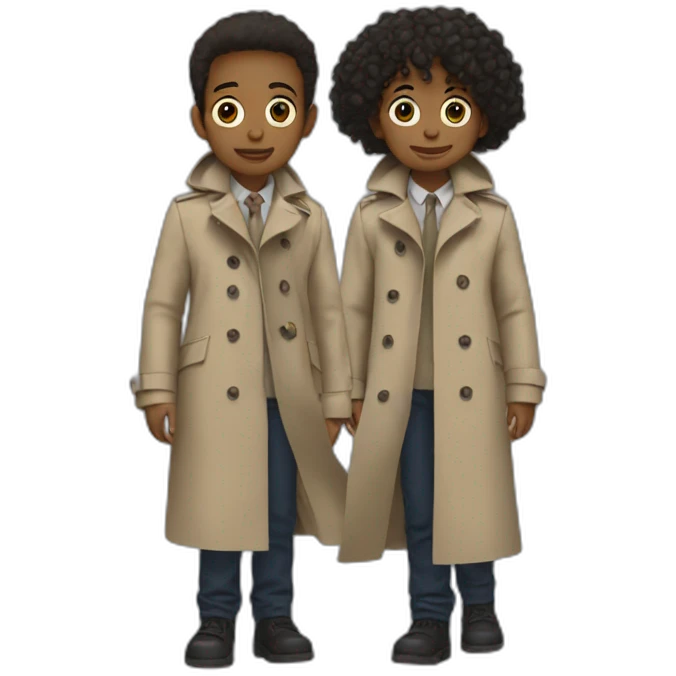 Two kids in one trenchcoat pretending to bé one person emoji