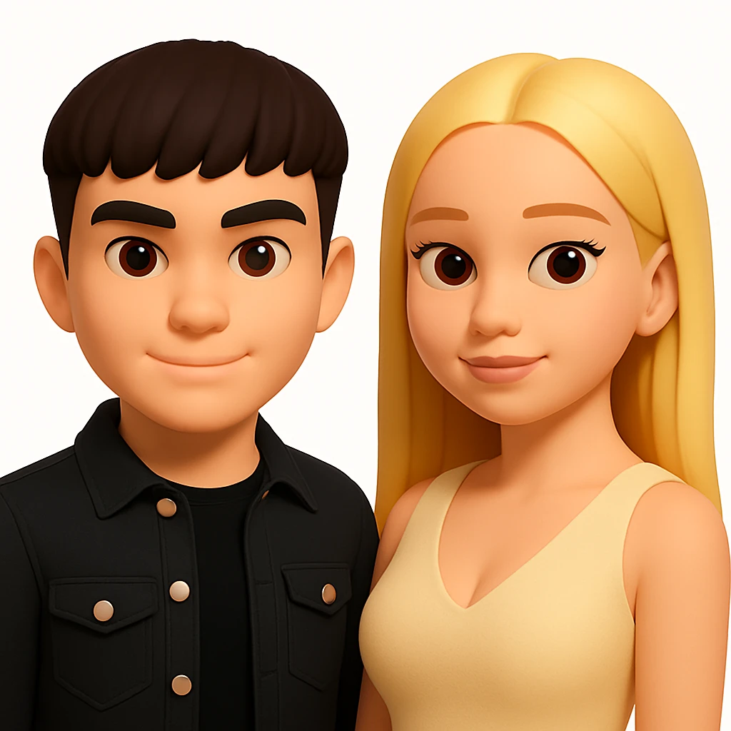 In the style of 3D Emoji, slightly increase the volume of the upper body of the girl, separate the two characters from each other, and make the skin color identical for both characters. Maintain the 3D Emoji style characteristics in the edit. emoji