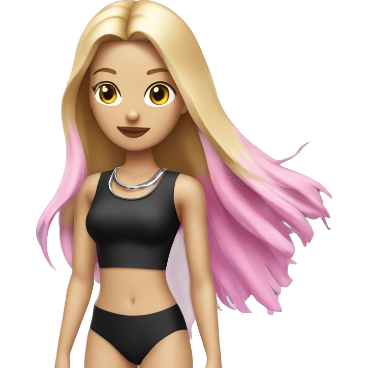 Woman with blue eyes, pink lips and long blonde straight hair. black swimsuit. black band with metal ring around neck emoji