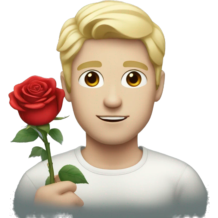 A man with pale skin and black hair holding a red rose emoji